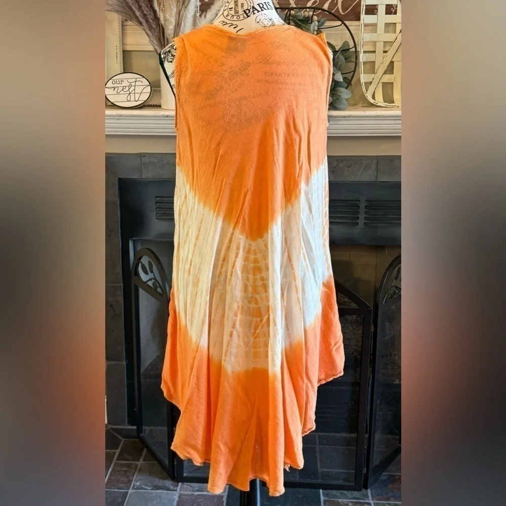 Vintage 90s Hand Painted Embroidered Tie Dye Umbrella Dress Orange Sleeveless - Picture 4 of 8